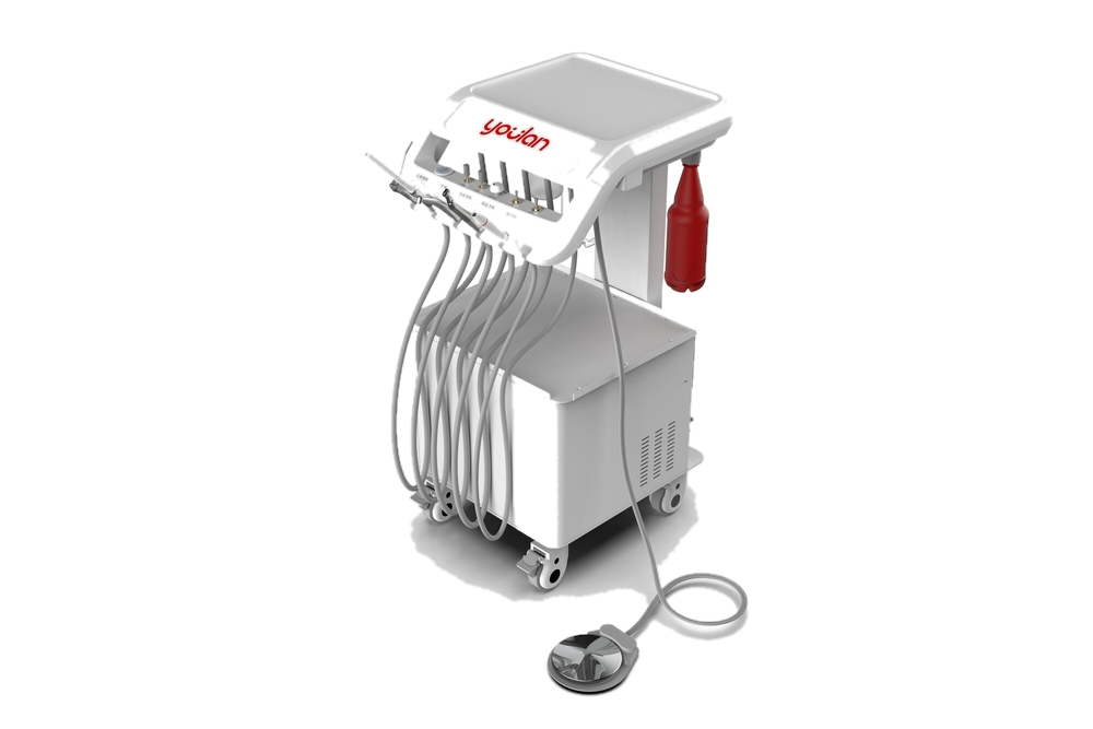 De Youlan FC6 Vet is een mobiel tandheelkundig werkstation met ingebouwde olievrije compressor, ultrasone scaler, hoge- en lagetoerenhandstuk, driewegspuit, afzuiging en uithardingslamp. Alles zit op één verrijdbare wagen, zodat er geen vaste installatie nodig is.